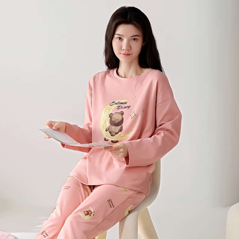 芬腾新款女士纯棉春秋季长袖睡衣套装少女可爱休闲大码全棉家居服 FX25931707豆沙 L 建议:104-120斤