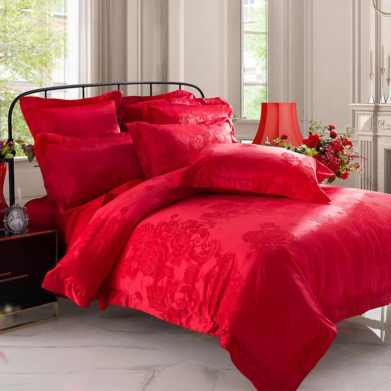 多喜爱婚庆大红色结婚床品提花六件套欧式新婚被套牡丹花直播1 高端