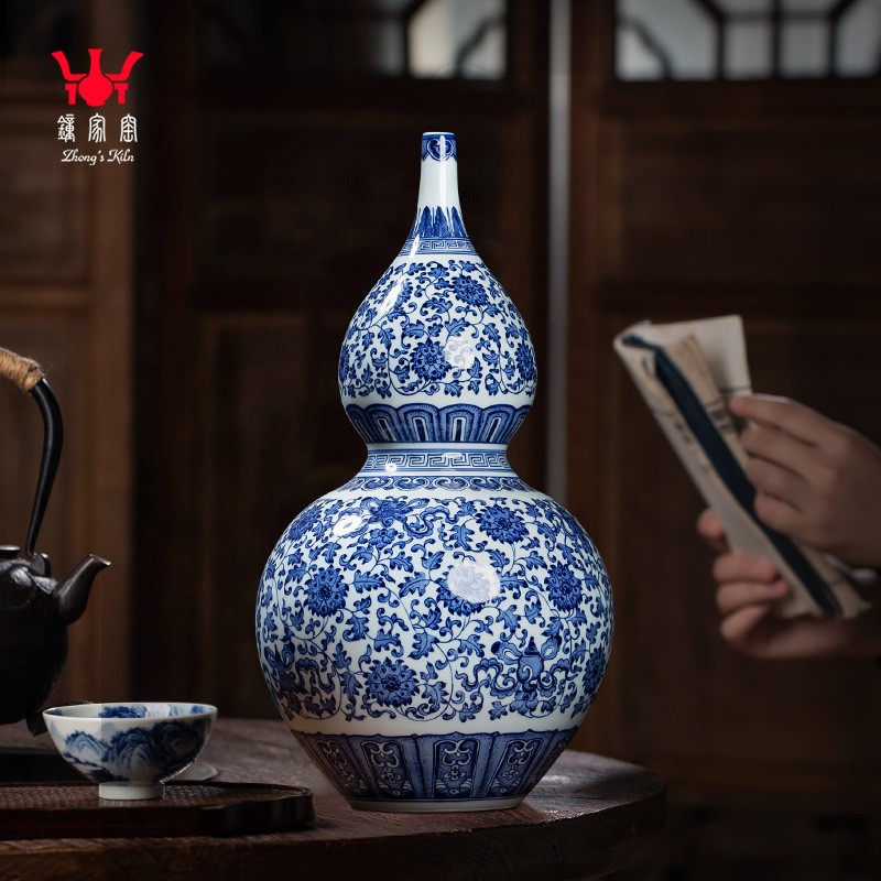 镇缘 钟家窑葫芦瓶景德镇陶瓷花瓶摆件青花瓷新中式仿古瓷瓶瓷器装饰品