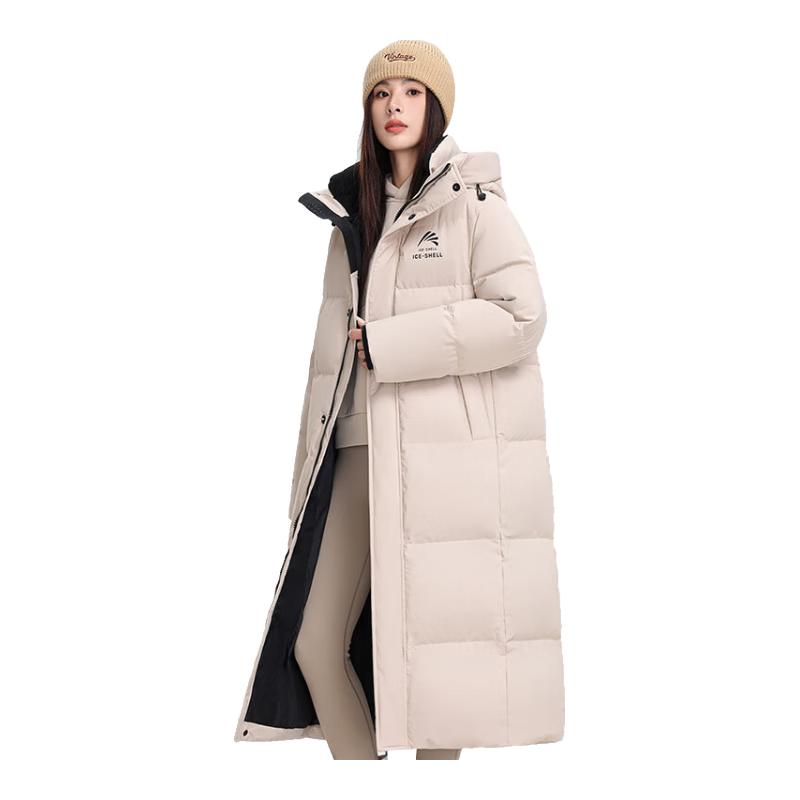 鸭鸭（YAYA）王一博同款冰壳羽绒服女长款过膝冬季新款时尚情侣男女泡芙外套HY 米白色（冰壳2.0男女同款） L (175)