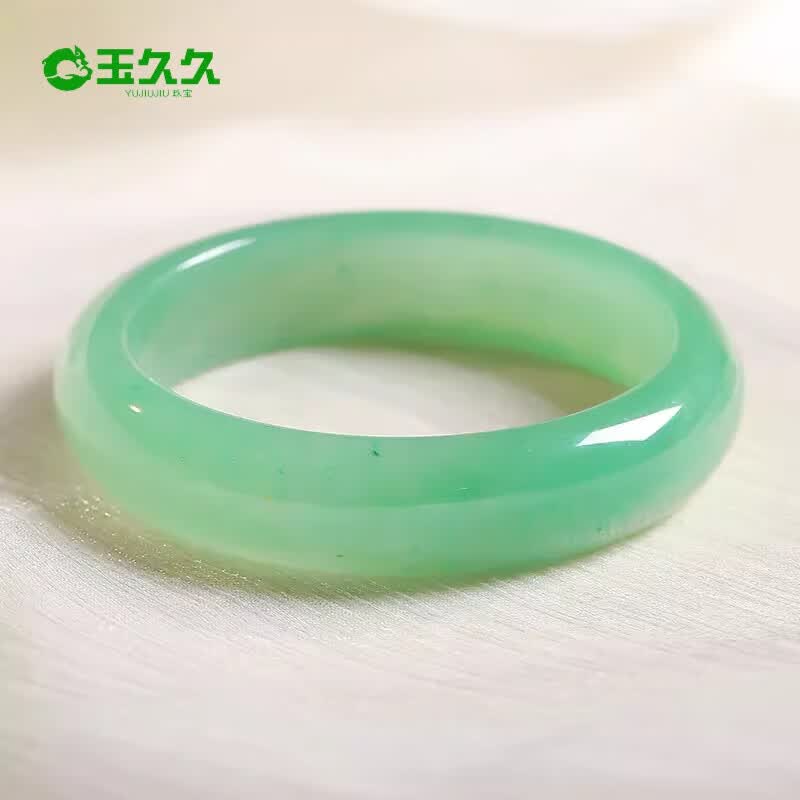 玉久久东陵玉手镯女款翠绿色宽扁条玉石镯附送证书 圣诞礼物 55-56圈