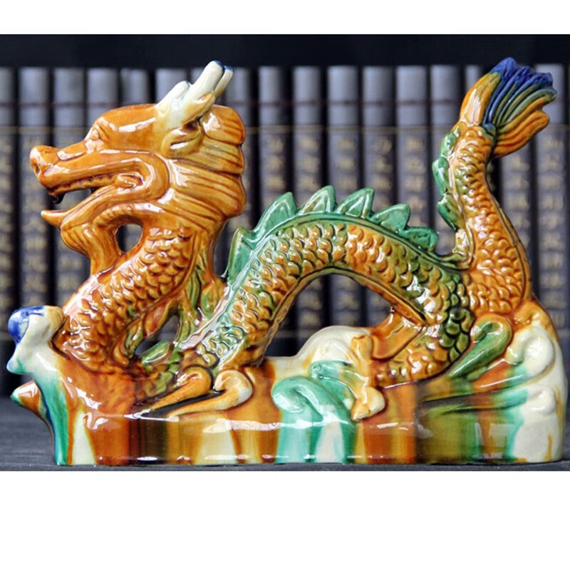 唐三彩龙家居桌面摆件办公送礼瑞兽国礼瓷青龙摆设 小号彩色龙(长18