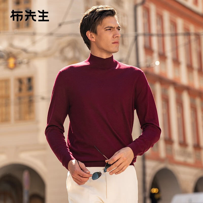 布先生中高領(lǐng)純色羊毛t恤春秋可機(jī)洗親膚羊毛衫男BT12322 酒莊紅 XL (180)