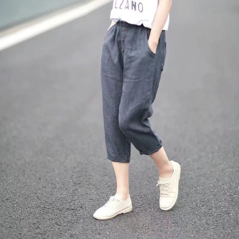 予愿夏季50岁左右的女夏装裤子中裤七分裤女士七分裤女夏季薄款松 灰