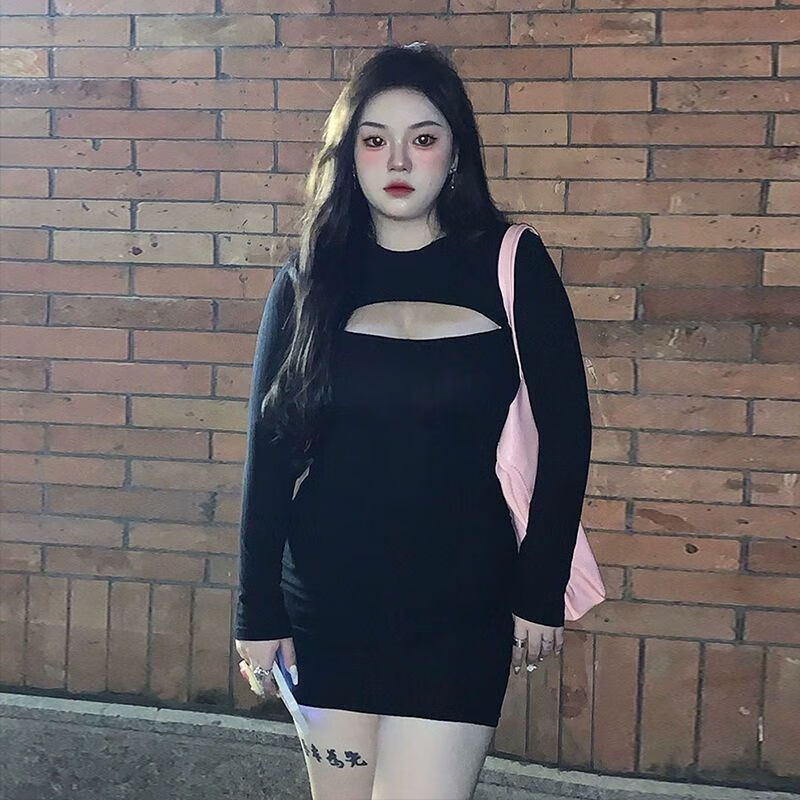 女生穿的包臀裙子300斤大码胖mm纯欲辣妹黑色连衣 黑色 l 建议100-120