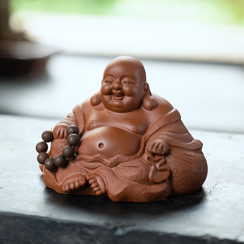 宜兴紫砂茶宠弥勒佛茶具摆件可养原矿紫泥大肚布袋佛茶玩和尚 清水泥