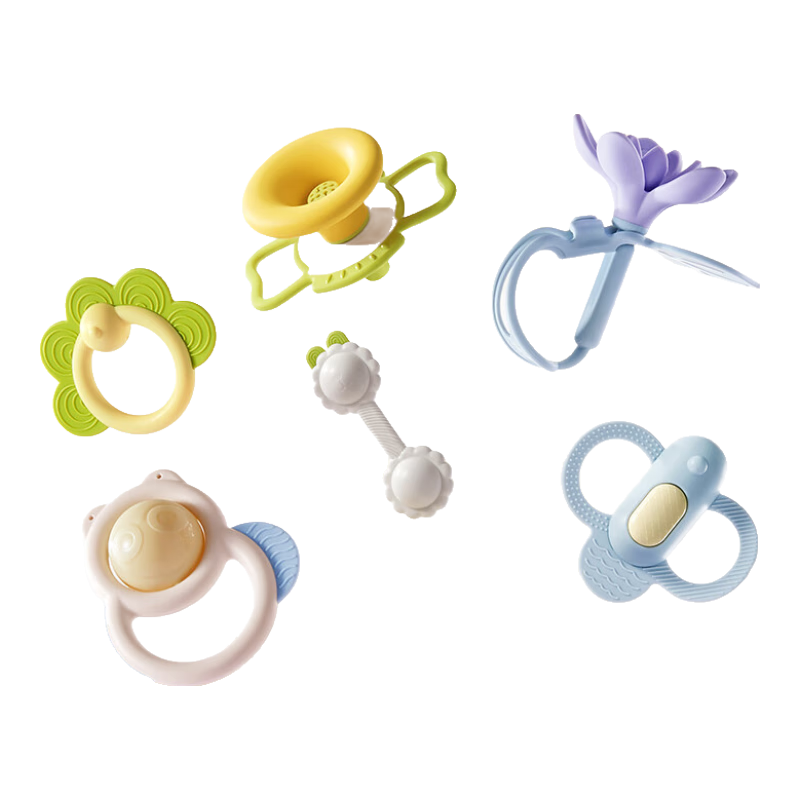 babycare手摇铃6件套可咬牙胶新生婴幼儿宝宝玩具0-3-6个月1岁抓握训练