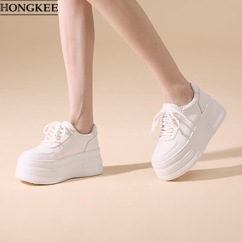 红科(HONGKEE)2025年春季新款厚底系带小白鞋舒适增高板鞋HD95D100 白色 37