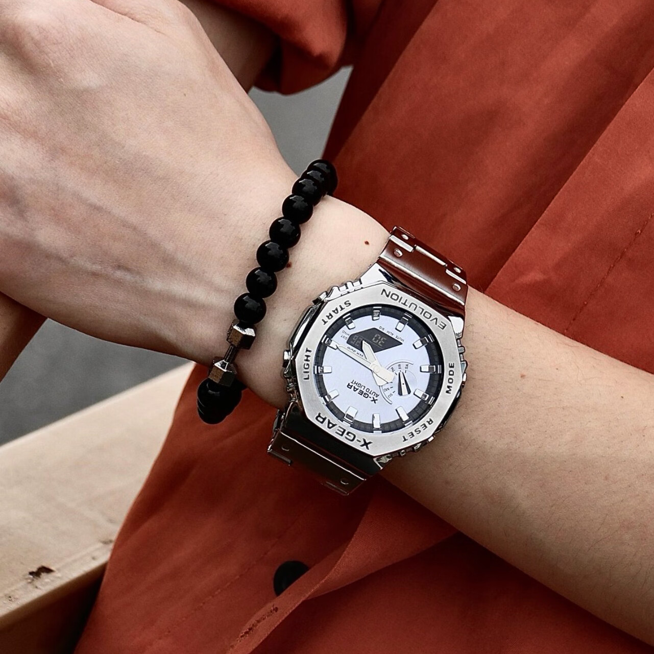 X-GEAR农家八角橡树男士机械风黑武士青少年初中高中生电子防水学生手表 银蓝钢带【字母款】