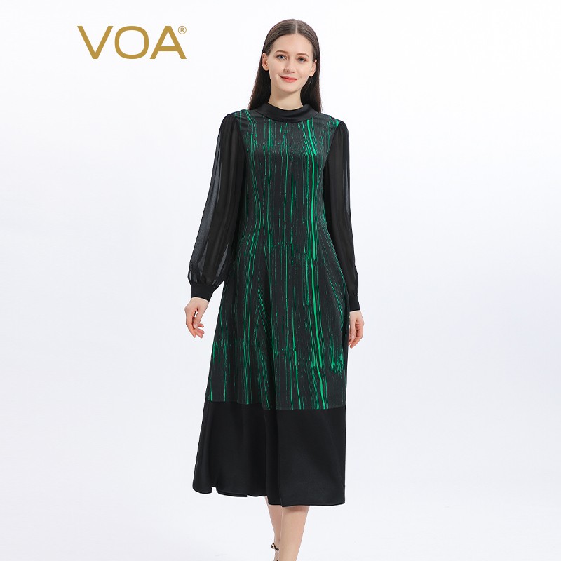 VOA真丝印花重绉细绿藻色立领长袖撞料拼接桑蚕丝连衣裙 AE1259 细绿藻色（E63） 160/M