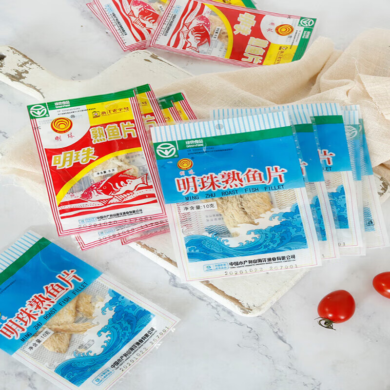 明珠舟山明珠熟魚(yú)片 6g/包 魚(yú)片王烤魚(yú)干片即食海鮮特產(chǎn)零食小吃 藍袋裝(*1包) 100g