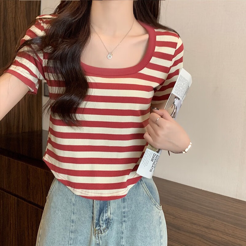身材的条纹t恤女短袖体恤条纹短袖t恤女2023年夏季新款正肩别致 红色