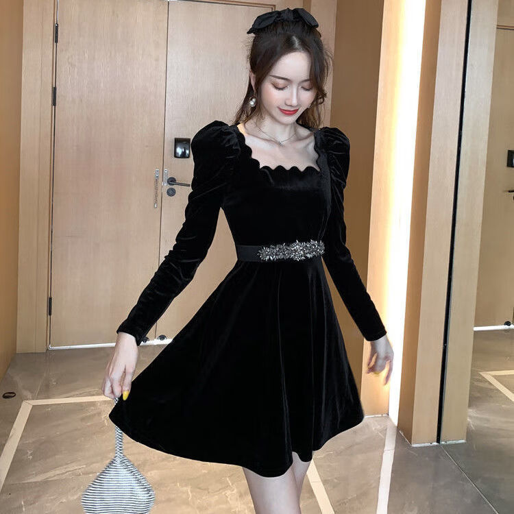 连衣裙高级感小个子高级2024新款鞠婧祎礼服秋冬法式 黑色(配腰带) xs