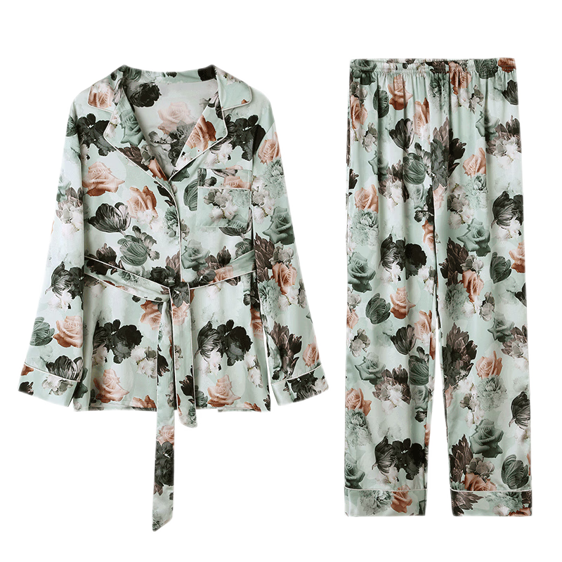 狄蘭絲（dilansi）真絲睡衣套裝數(shù)碼噴繪印花桑蠶絲睡衣系帶可外穿兩件套絲綢家居服 淺綠霓裳（19姆米重磅真絲） M (建議80-100斤