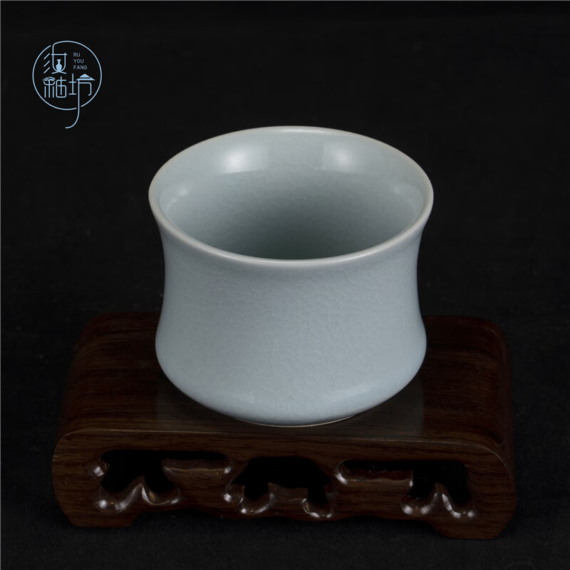 杨聚斌窑汝窑主人杯单杯开片可养高档功夫茶具茶杯粉青色束腰杯 粉