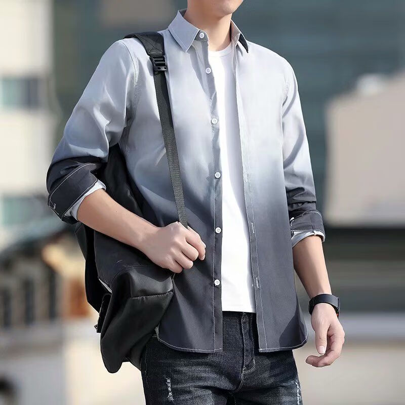 moring bull配牛仔裤的上衣男渐变衬衫长袖日系新款春秋装ins韩版潮流