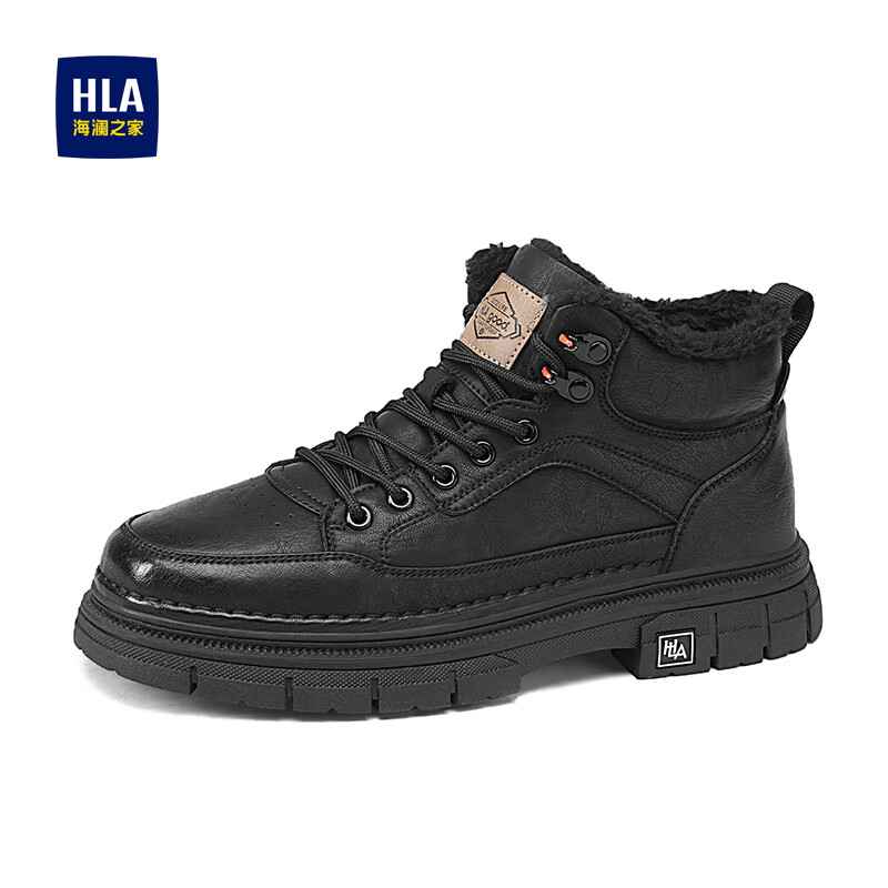 海澜之家马丁靴男鞋子男鞋秋冬2025新款男士马丁靴高帮棉鞋男增高休闲皮靴 黑色【加绒加厚棉鞋男436】 43