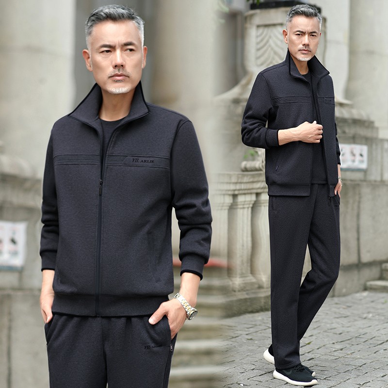 九屠  运动套装男春秋季三件套中老年运动服装大码商务男士休闲套装