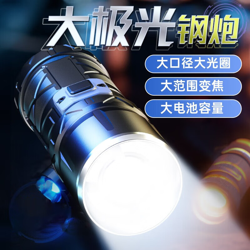 微笑鲨手电筒超长续航强光户外可充电应急灯家用照明灯变焦多功能便携 激光式-2电【可当充电宝】