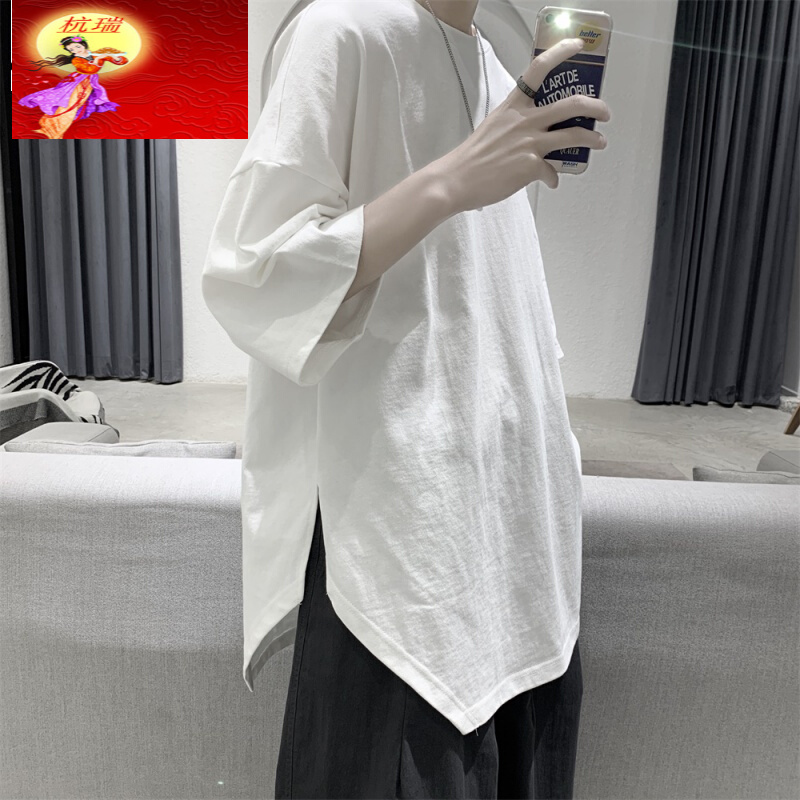 杭瑞@港仔文艺男侧开叉短袖恤韩版潮流宽松简约半袖上衣超火体恤夏 潮