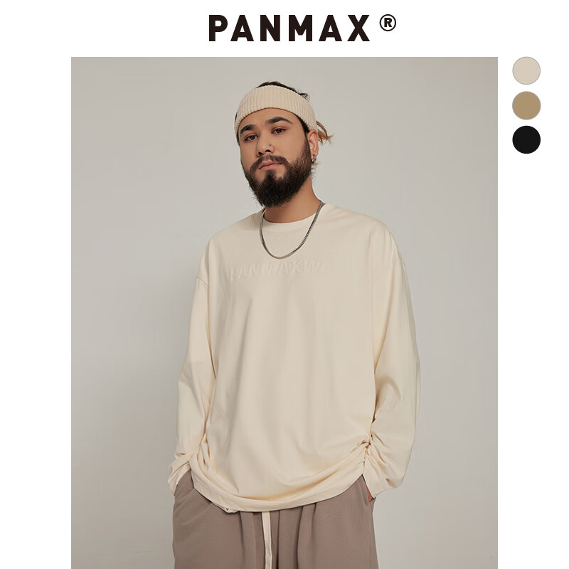 潘·麦克斯（PANMAX）潮牌大码男装时尚休闲圆领套头上衣透气抗菌纯色长袖T恤百搭潮流 米色 2XL