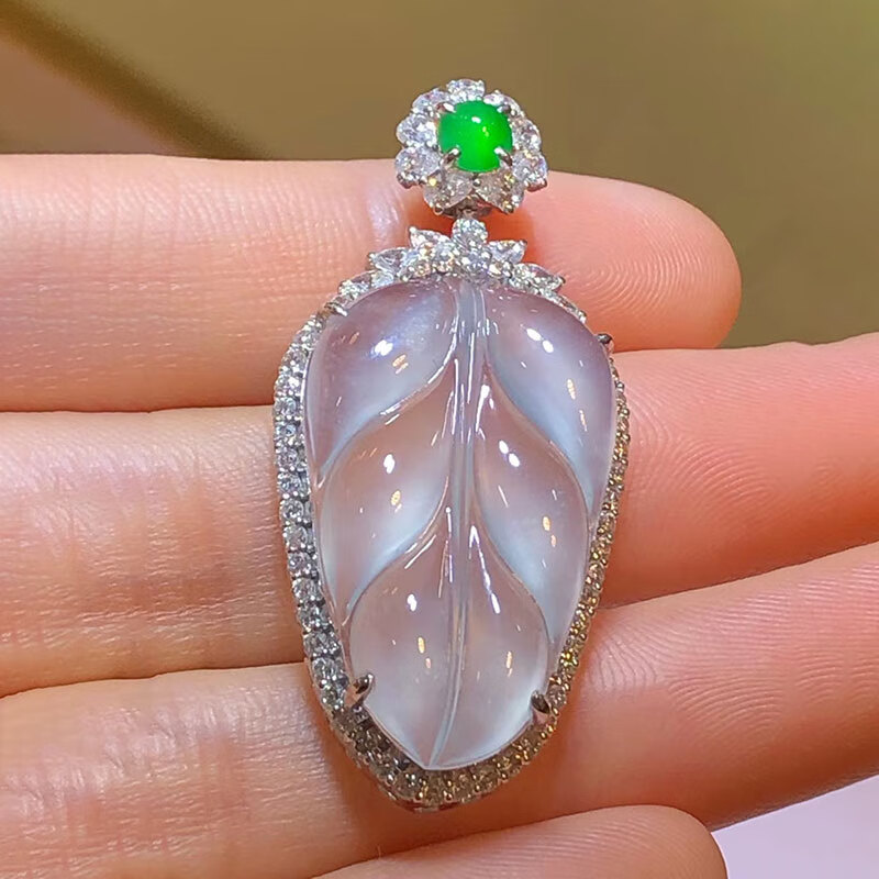 禧凤楼天然缅甸老坑a货冰种起荧光18k镶嵌叶子吊坠女款 白底