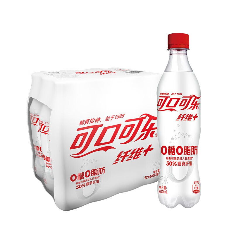 Coca-Cola 可口可乐 纤维+零卡无糖  30%膳食纤维 汽水 500ml*12瓶