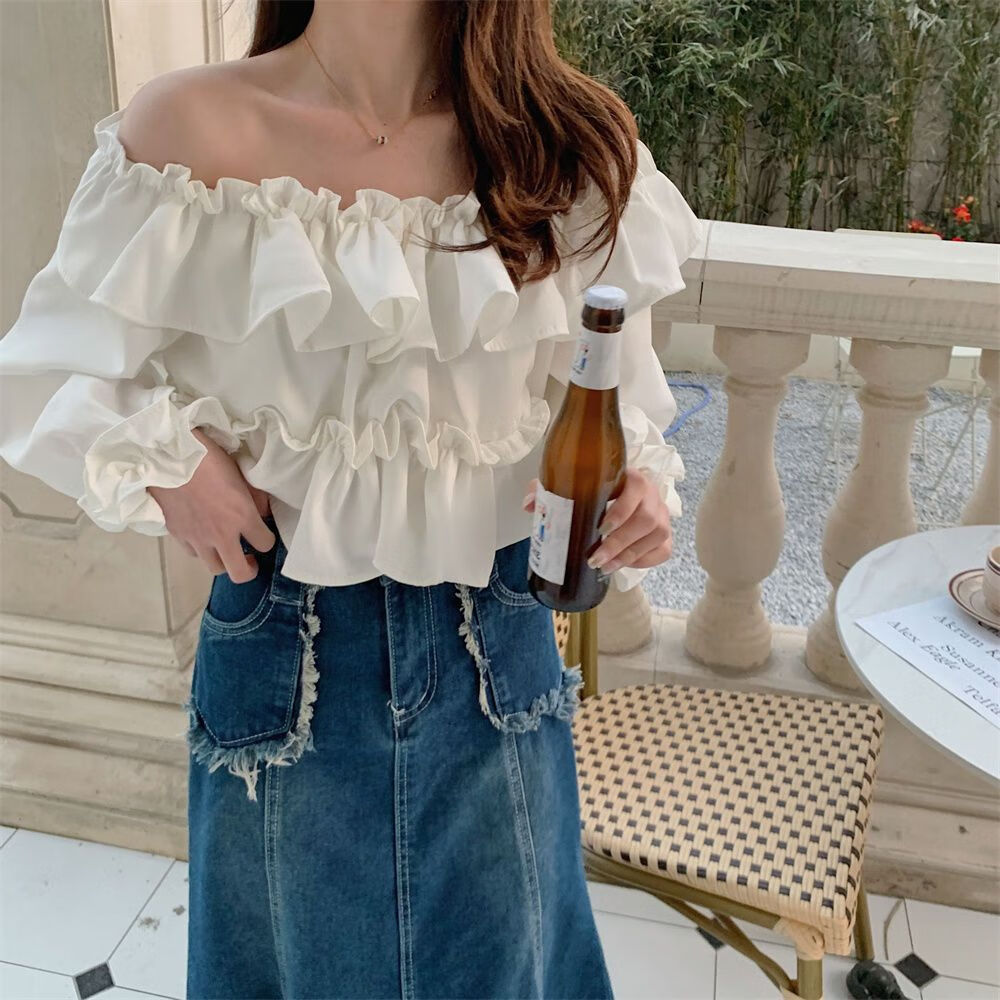 知特一字肩上衣大码夏季胖mm法式露锁骨白色长袖长款牛仔半身裙两件套