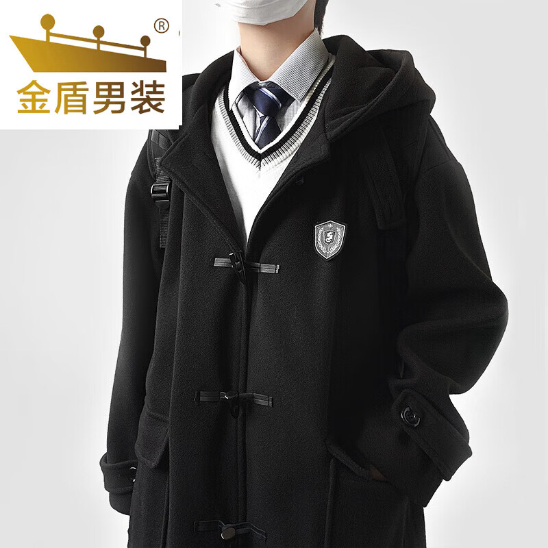 日系秋冬季牛角扣毛呢大衣男士双面呢子加厚男生长春季 弛木黑色媚刎