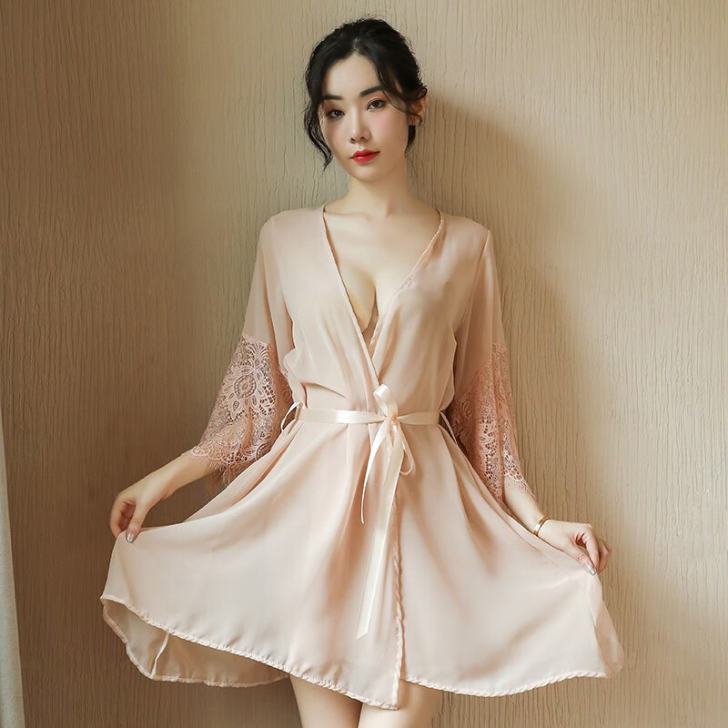 取悦  女性感诱惑透明网纱睡袍丁字裤套装开衫式蕾丝家居服浴袍罩衫