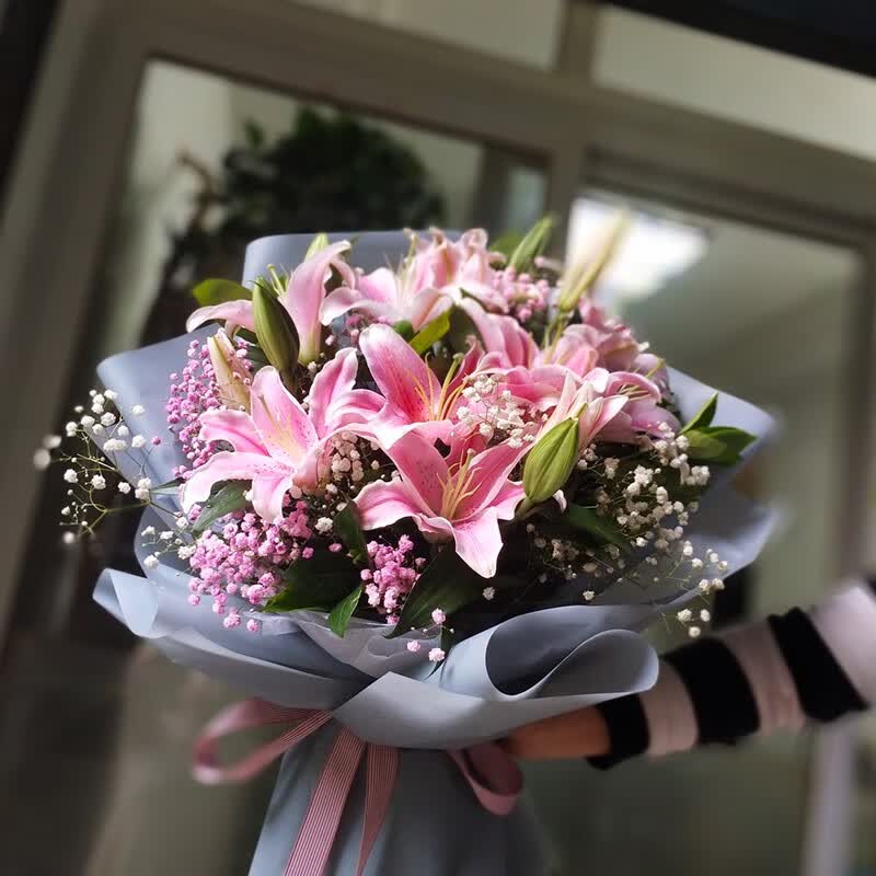 绚花之黎 鲜花速递同城粉百合满天星花束问候祝福生日礼物送女士送
