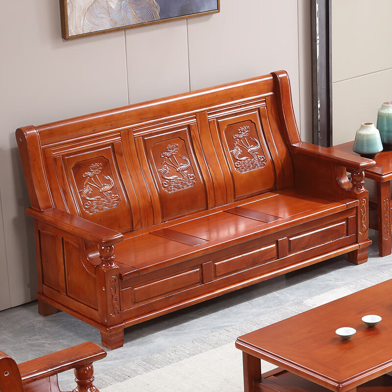 中酷实木沙发客厅三人座冬夏两用老式雕花小户型红椿木制沙发组合家具