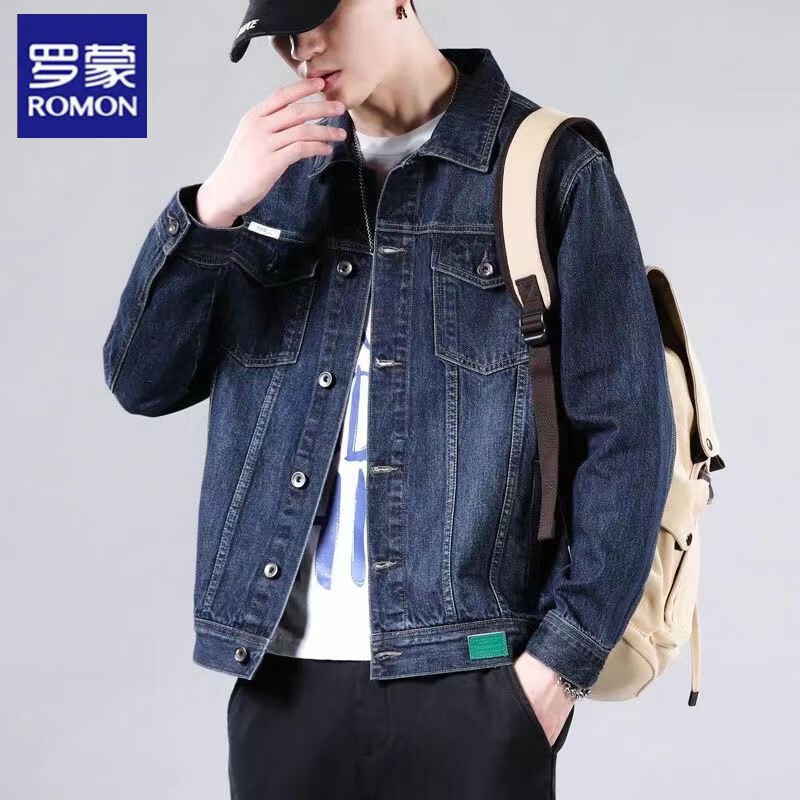 罗蒙(ROMON)男士牛仔外套春秋新款青年装宽松翻领潮工装纽扣夹克上衣 深蓝色-DY757 M建议【98-120斤】