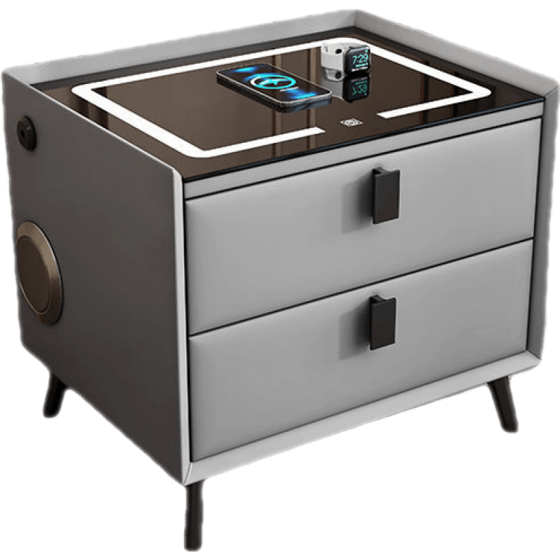 编草人 智能实木床头柜现代简约轻奢多功能无线充电蓝牙音响指纹锁床边柜 两抽浅灰色(三色灯+无线充电) 两抽款长度48窄度40高度47