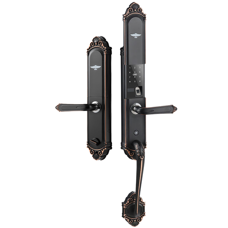 IRONGENERAL鐵將軍歐式宮廷風(fēng)格復(fù)古指紋鎖銅門別墅雙開門智能鎖高端大門鎖 黑古銅大拉手雙開門