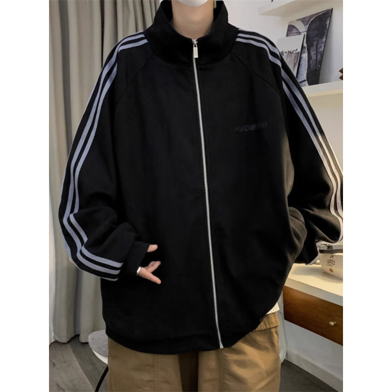 POUM麂皮绒春秋季卫衣男开衫外套潮牌oversize美式情侣棒球服运动夹克 YRFS-W141黑色 常规 麂皮绒 XL