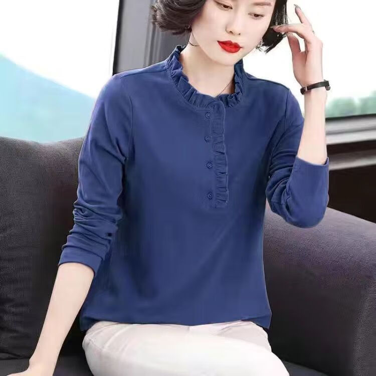恒源祥春秋季长袖t恤女装荷叶边领中年妈妈宽松新款洋气立领上衣打底衫 蓝色  4XL 155-165斤怎么样,好用不?