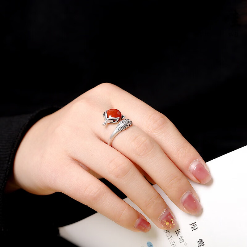 亲哇红宝石戒指原创设计s925银手工复古雕刻镶嵌南红玛瑙狐狸女活口戒 戒指 开口可调节+礼盒
