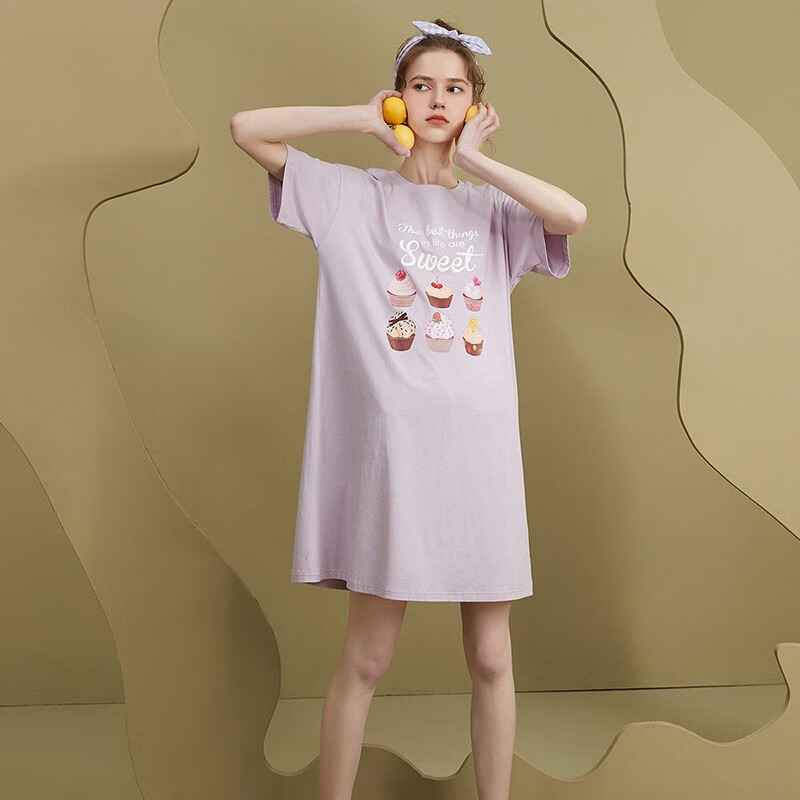 安之伴睡裙女夏季纯棉短袖圆领中长裙多色蛋糕印花舒适薄款可外穿家居服睡衣 浅紫 XL