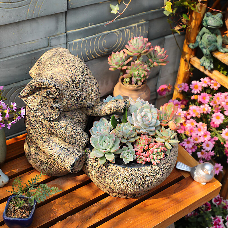 汉韵堂中式大象花盆复古树脂多肉花盆假山造景盆创意盆栽动物花器