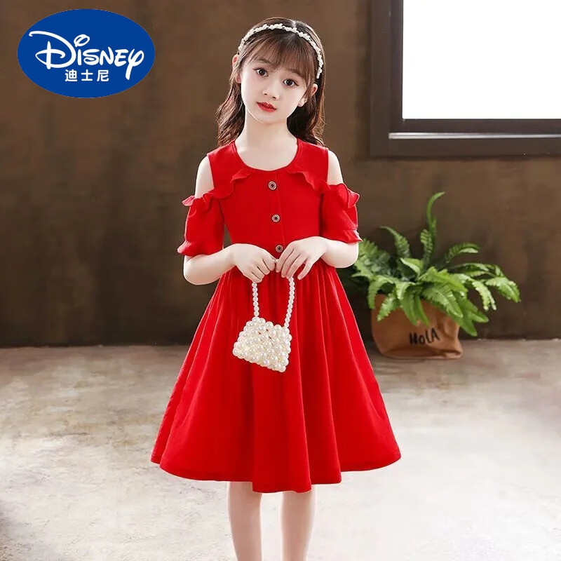 迪士尼（Disney）女童夏装连衣裙夏季新款纯色A字裙子小女孩洋气中大童露肩公主裙 红色-7076 140 建议10-11岁