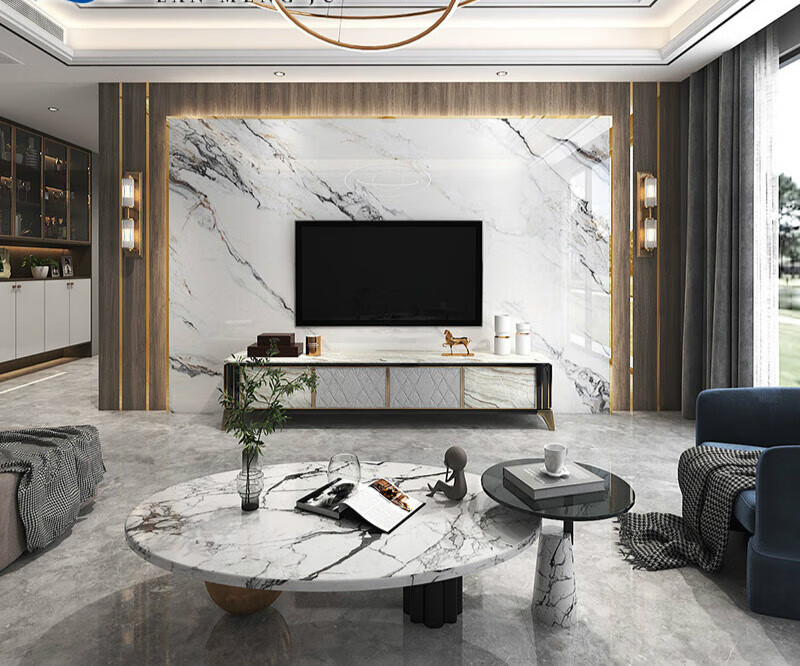 美克杰木饰面电视背景墙现代简约轻奢风电视墙装饰金属条造型大理石