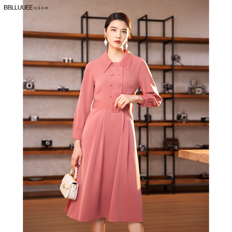 粉蓝衣橱法式复古简约连衣裙女2023春装新款长袖衬衫裙731l506 粉色 s