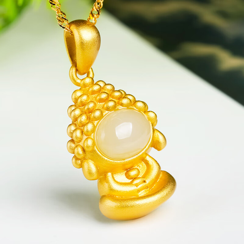 执玉珠宝 s925银镶嵌天然和田玉白玉宝宝佛吊坠女款项链挂件饰品玉坠