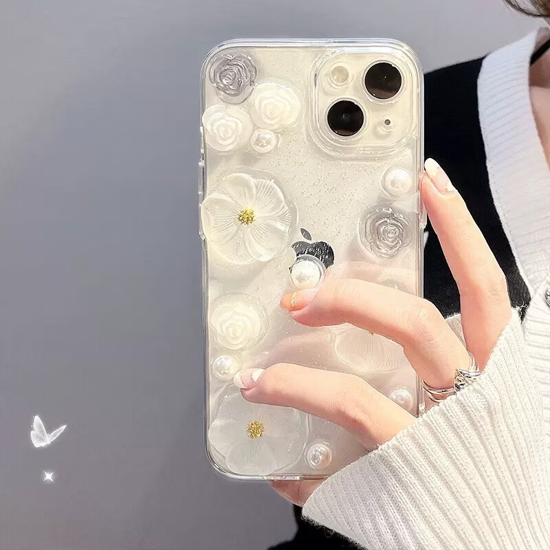 壳绘创苹果14手机壳高级感珍珠花朵适用iPhone13promax女新款硅胶透明不会撞壳12p小清新 透明 立体滴胶花朵 iPhone 14