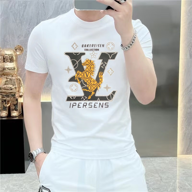 归随棕鸾 男士夏季烫钻圆领短袖t恤男轻奢薄款弹力半袖上衣 白色 烫钻