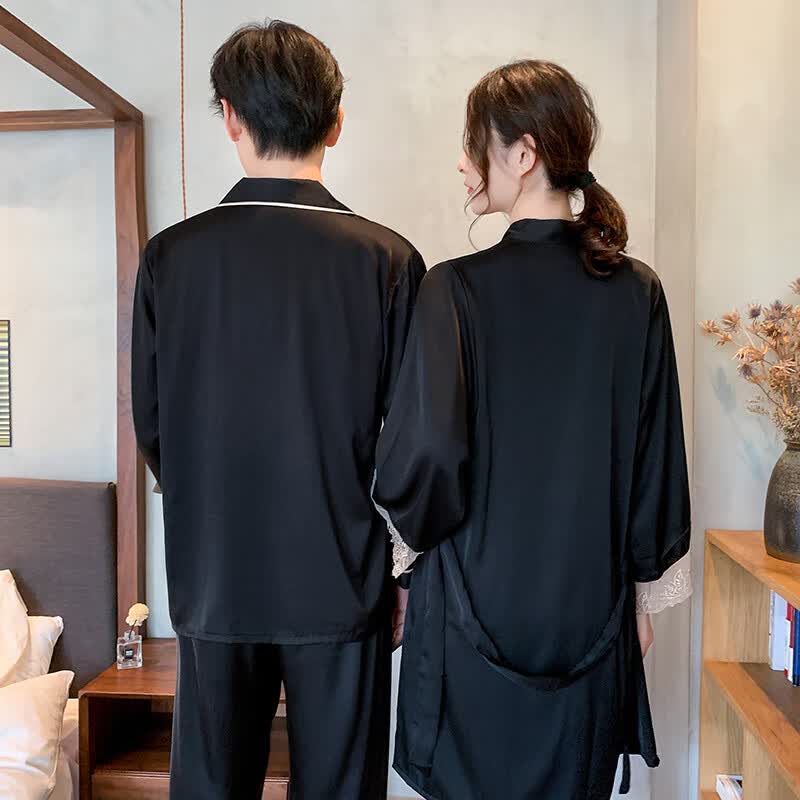 萧淑妃两套价春秋季仿真丝绸情侣睡衣性感带胸垫冰丝吊带睡裙睡袍家居服 231典雅黑 女生M码+男生XXL码