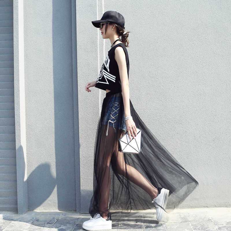 阙珞磐春夏季透视网纱纱裙半身裙高腰外搭透明单层罩裙长裙定制 黑色