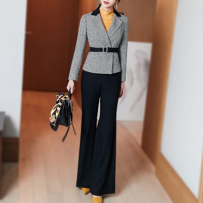 首尚格释冬季毛呢两件套2021年新款女时尚职业修身格子上衣呢子喇叭裤