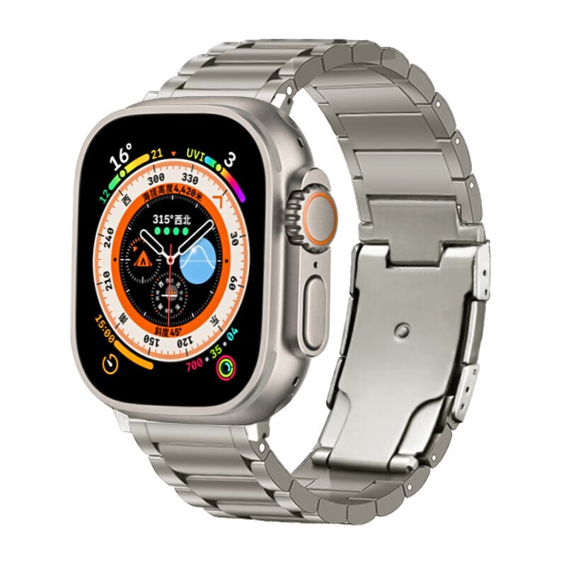 适用Apple Watch Ultra表带钛合金8/7苹果手表iwatch6高级表链男士官方原装替换 三珠龟背扣设计表带-银色【钛金属】 42/44/45/49mm表盘通用